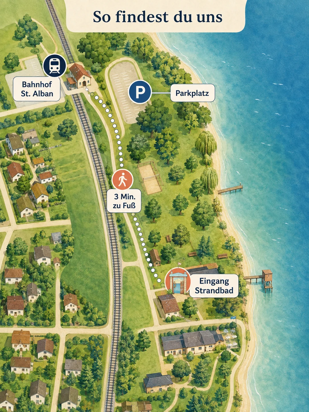 Illustrierter Weg vom Bahnhof St. Alban zum drei Gehminuten entfernten Eingang des Strandbads
